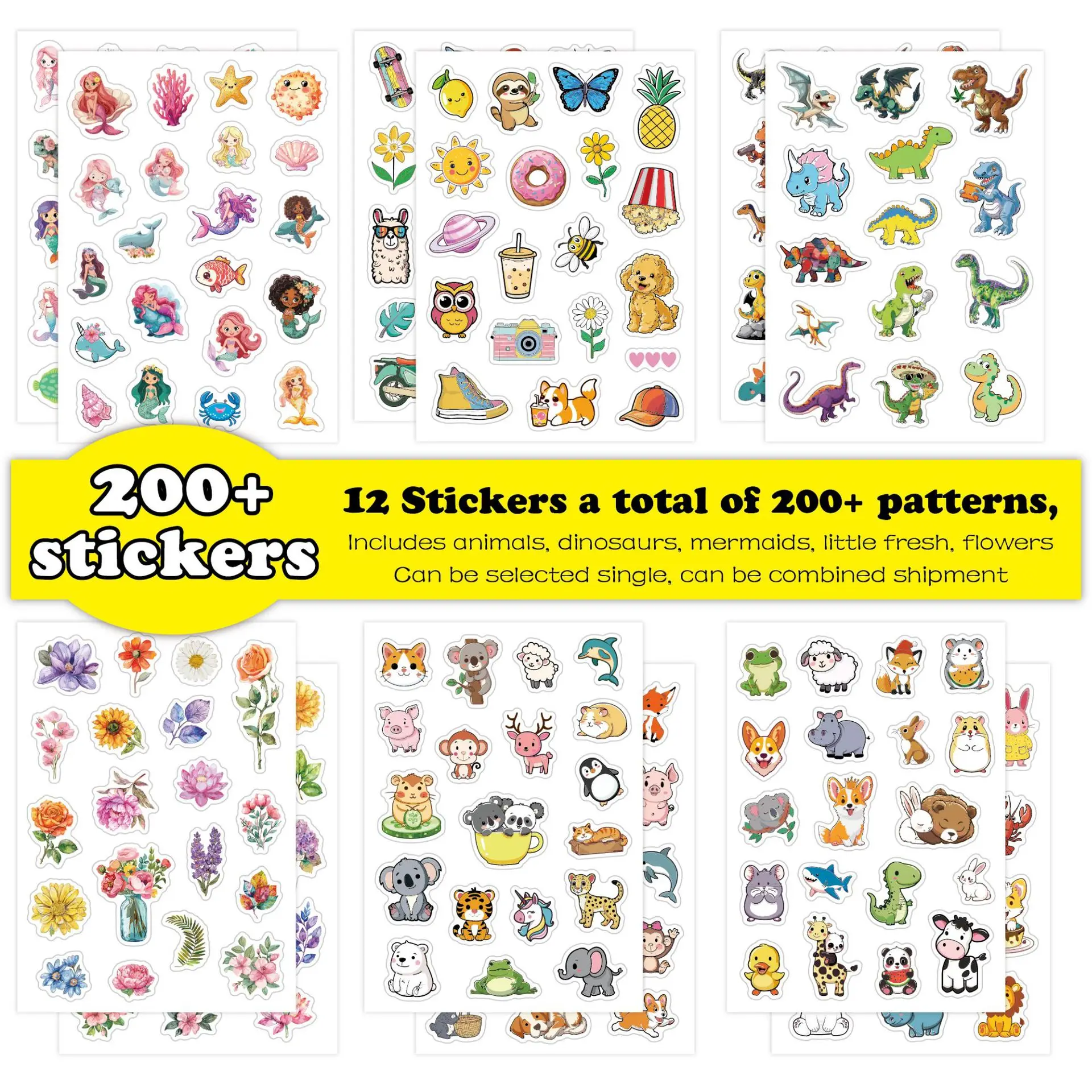 200 Pcs Single Sheet Small Size Cartoon Stickers Waterproof Euro American Graffiti Guitar Decor for Luggage Water Bottle Laptop