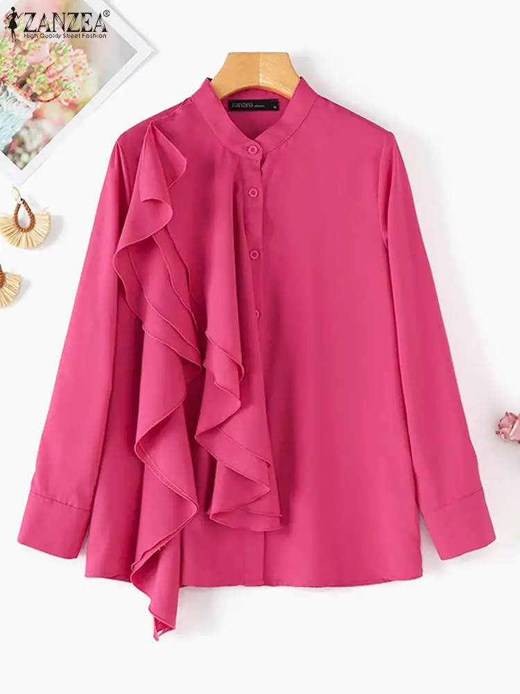 ZANZEA Autumn Long Sleeve Shirts Women Elegant Blouse Fashion Stand Collar Tunics 2024 Casual Loose Solid Ruffle Stitching Tops