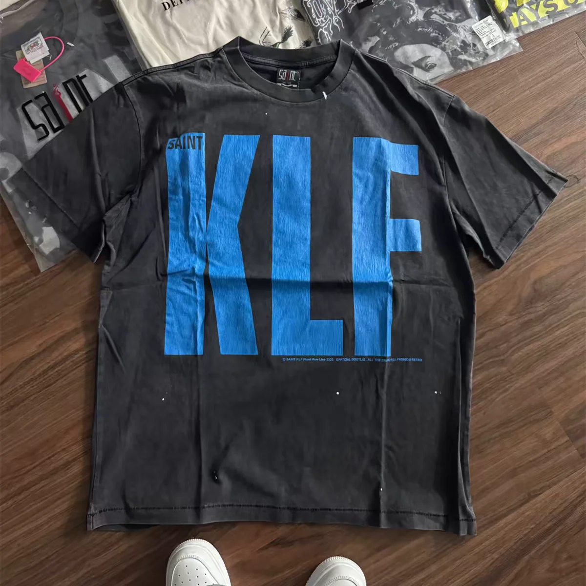 26ss Saint Blue KLF Tear Printing T Shirt Men Women Best Quality Tee Tops T-Shirt