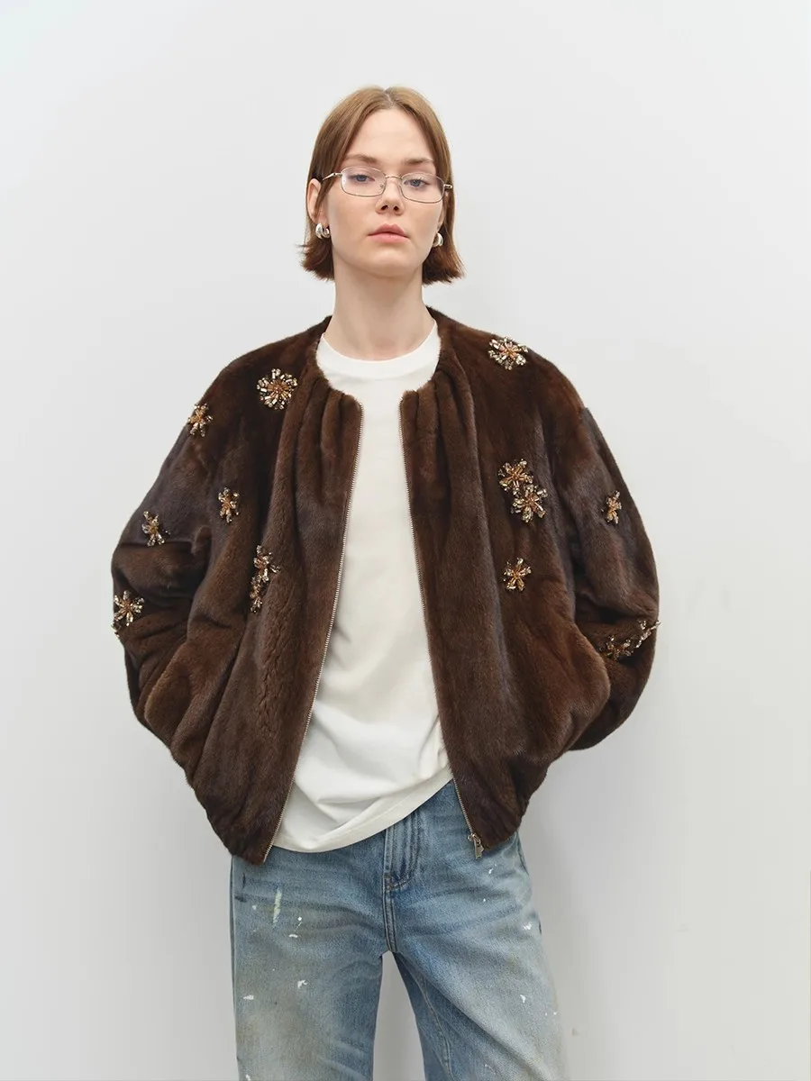 Lautaro Winter Luxury Elegant Thick Warm Soft Brown Short Faux Mink Fur Coat Women Beading Loose Stylish Chic Fluffy Jacket
