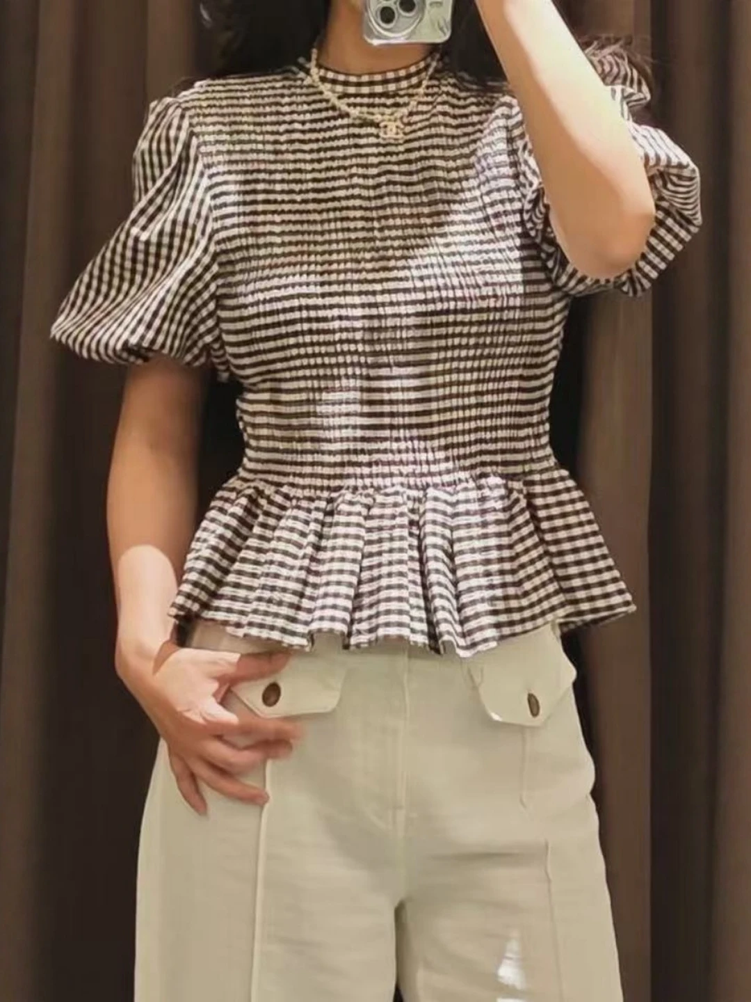 

Women's Bubble Sleeve Short Sleeve round Neck Plaid Hem Shirt Casual Style Slim Fit Cotton 100% Spring Season Short Length
