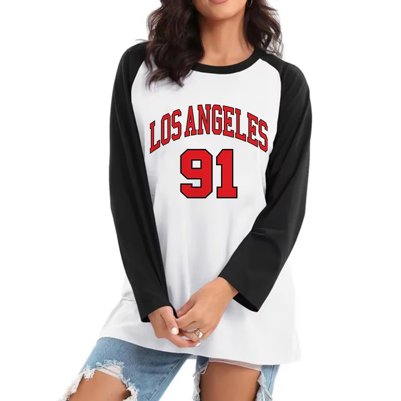 تي شيرت نسائي لجميع المواسم Y2k تي شيرت لوس أنجلوس رقم 91 جرافيك برقبة دائرية وأكمام طويلة تي شيرت كلاسيكي غير رسمي ملابس تي شيرت