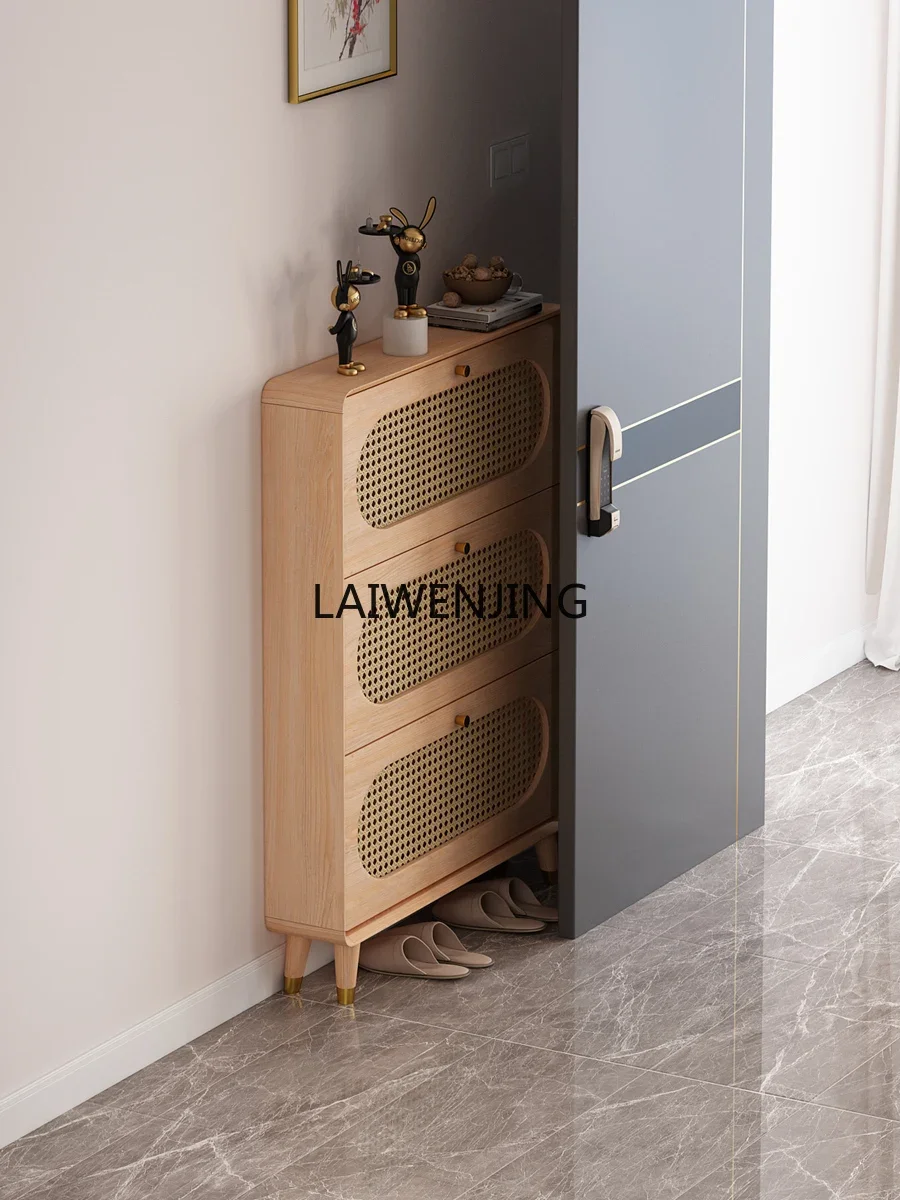 Solid wood ultra-thin rattan shoe cabinet, home door tipping bucket, log color porch foyer cabinet behind the door