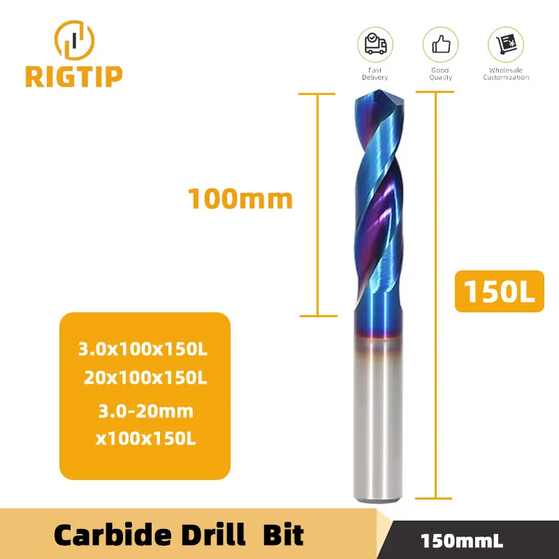 RIGTIP HRC65° Tungsten Carbide Drills  150mmL Metal Drill Bits For Hard Metalworking CNC Lathe Steel Drilling Tool