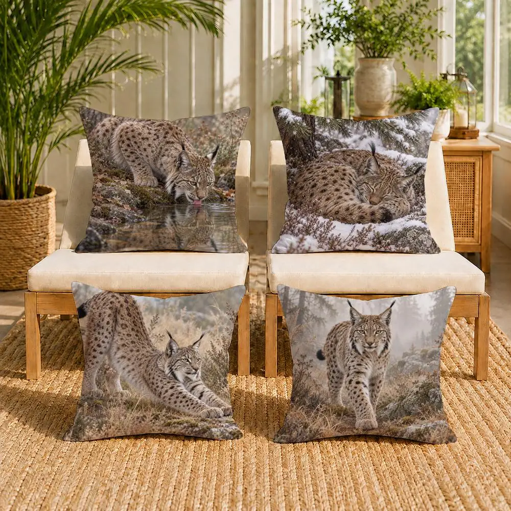 Lynx Wild Cat Woodland Animal Cushion Cover Double-Sided Plush Sofa Pillow Cover Organic Breathable Invisible Zipper