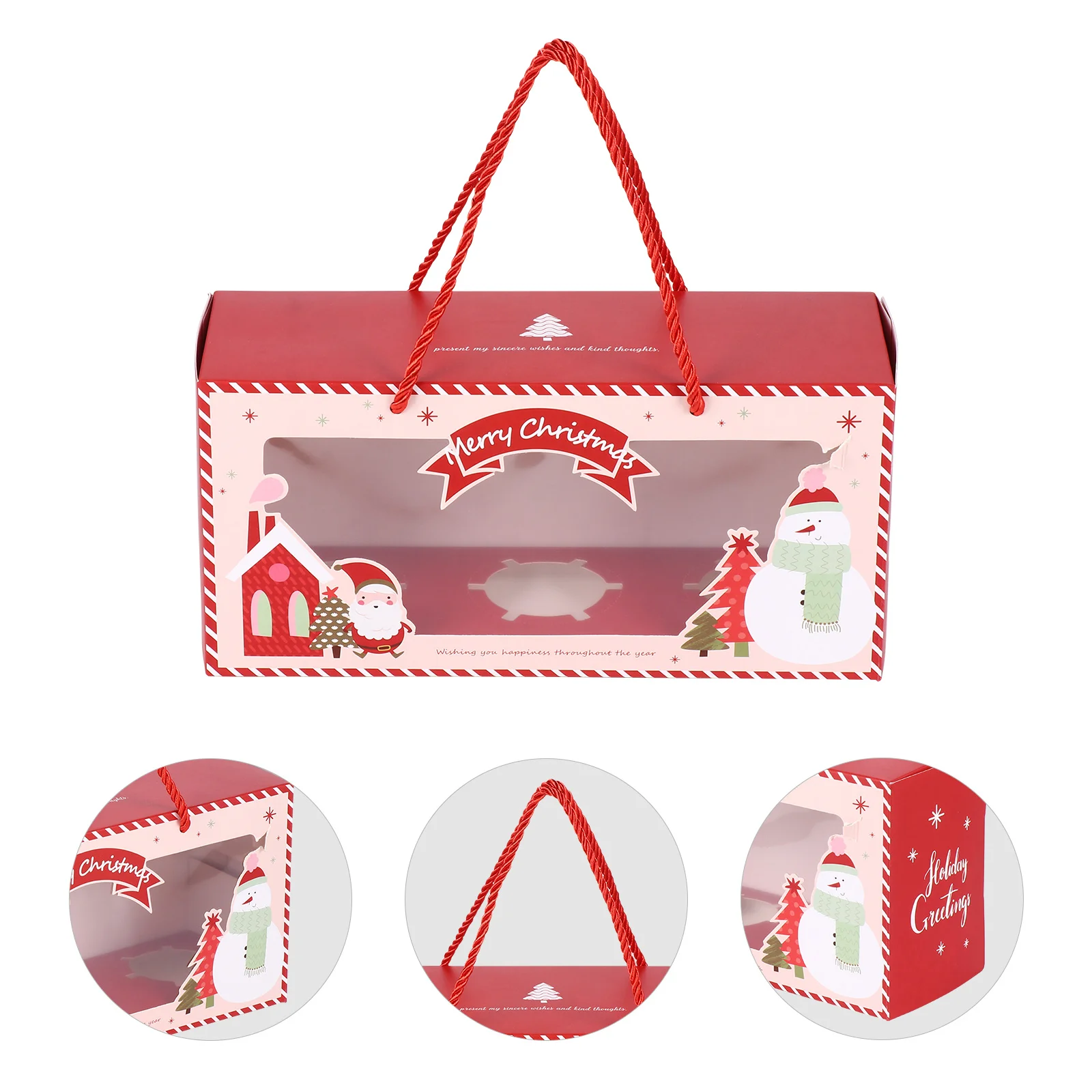 

4Pcs Paper Christmas Cupcake Boxes Red Thick Material Handle Design Portable Bakery Packaging Boxes for Muffins Pudding