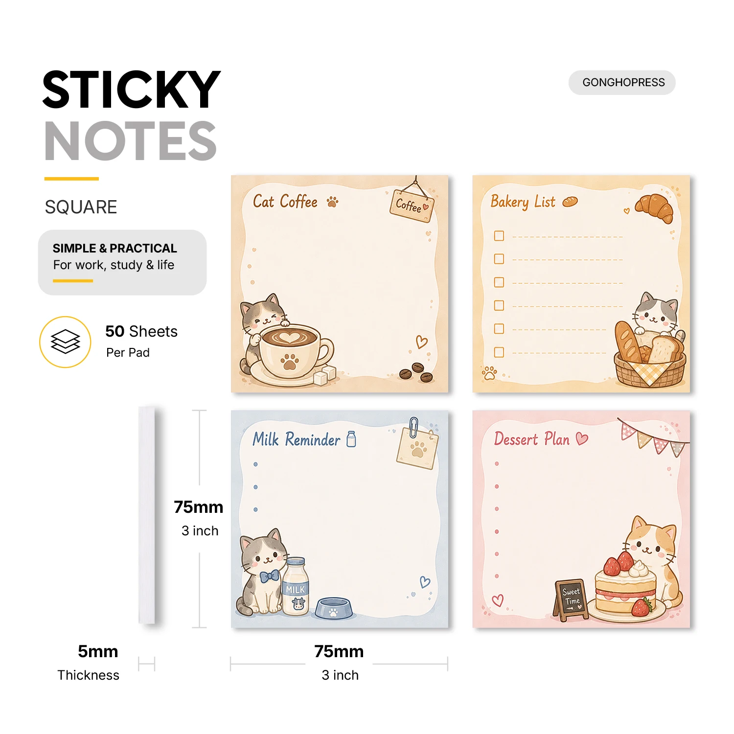 4 Pcs 200 Sheets Total Cute Bunny Study Sticky Notes, 75x75mm 3x3 Inch, Homework Focus Block Memo Pads, Daily Task Self-Adhesive
