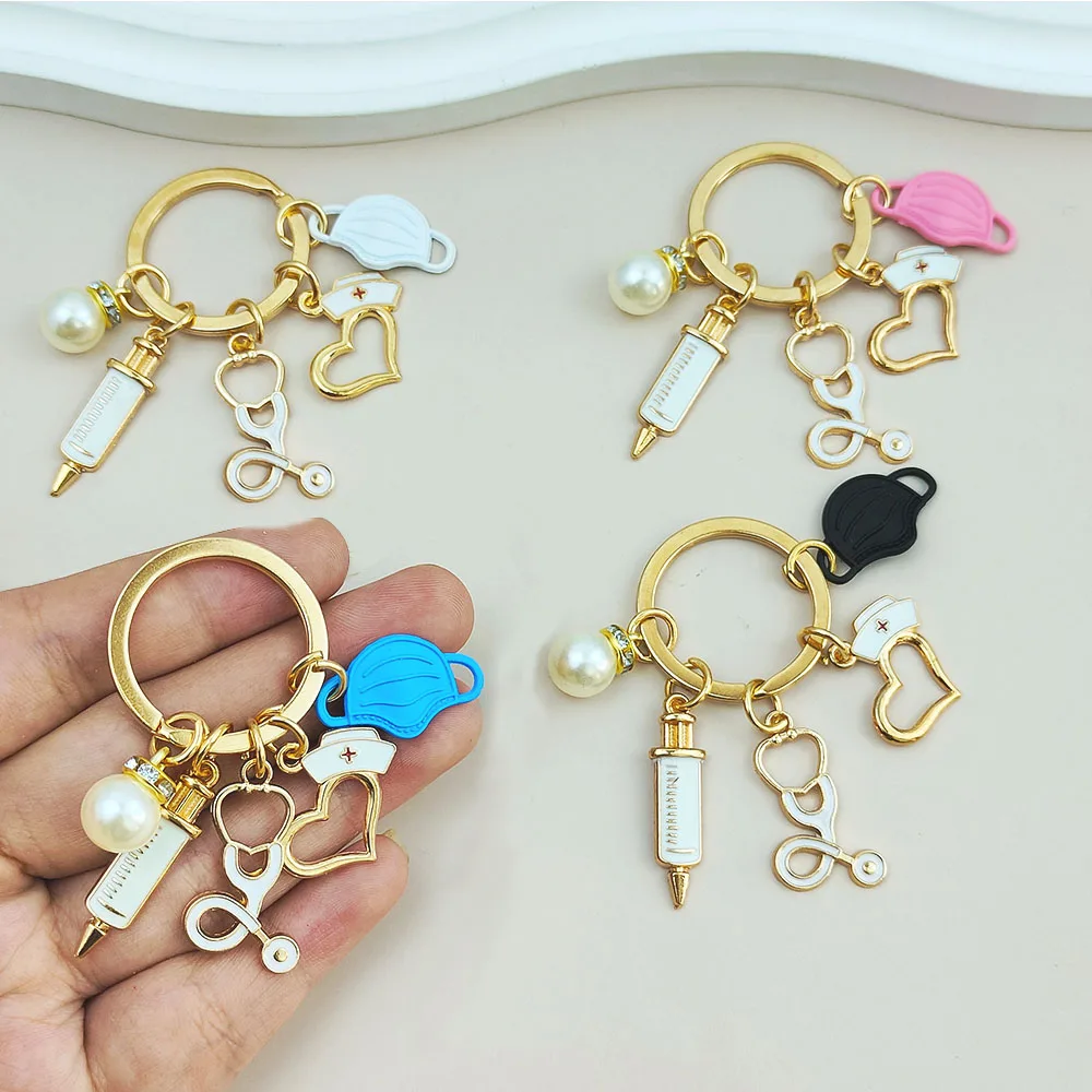 Medical Tools Keychain Syringe Stethoscope Mask Nurse Cap Pearl Pendant Keyring Creative Car Key Fob Doctor Nurse Souvenir Gift