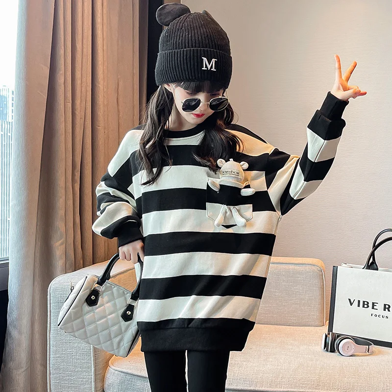 Fashion Child Black White Striped Sweatshirt with Bear Toy for Girls New Spring Clothing Baby Long Sleeve Cotton T-Shirt for Kid