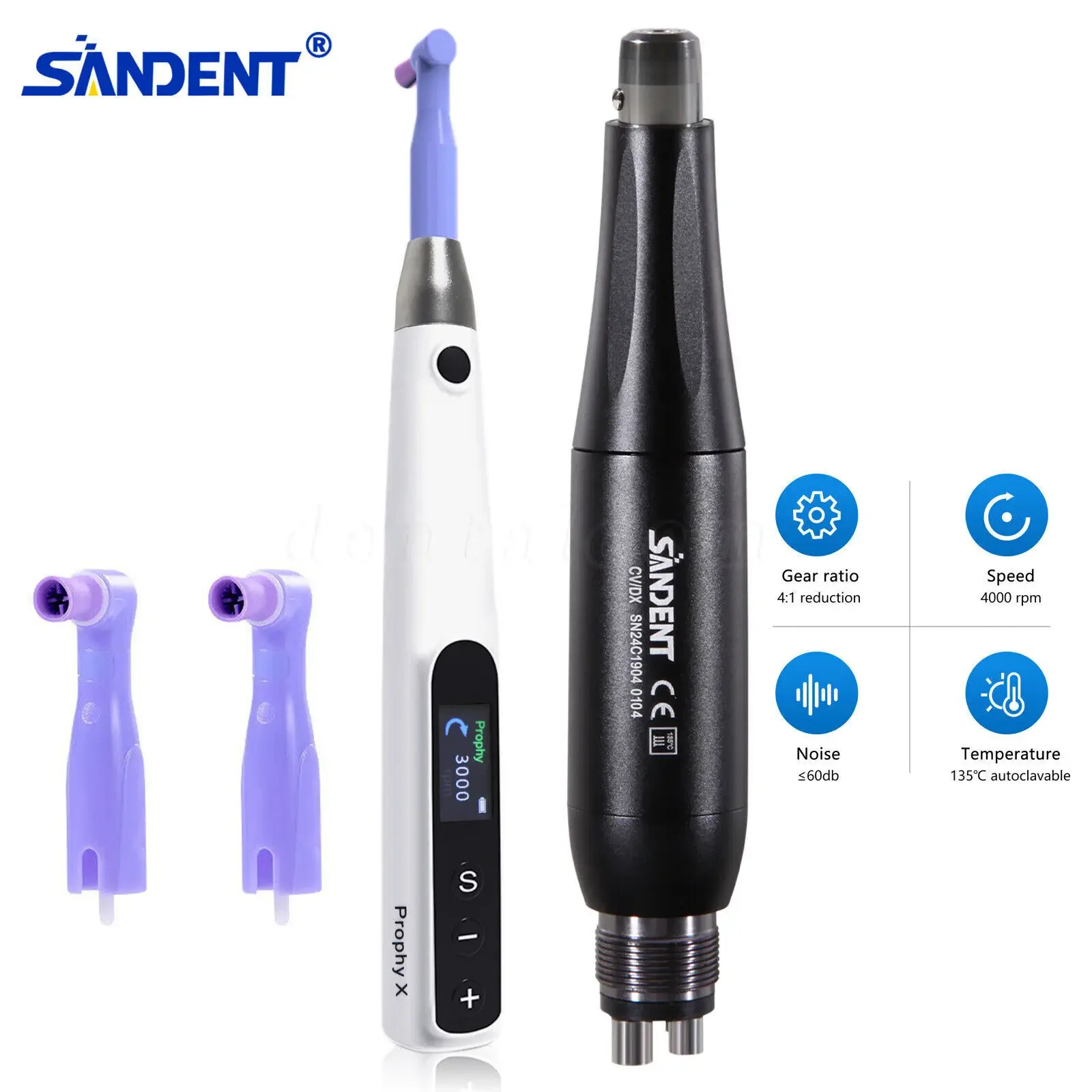 360° Swivel Dental Cordless Electric Hygiene Prophy Handpiece + 2pcs Prophy Angles/ Air Motor 4Holes 4:1 Nose Cone Fit Nsk