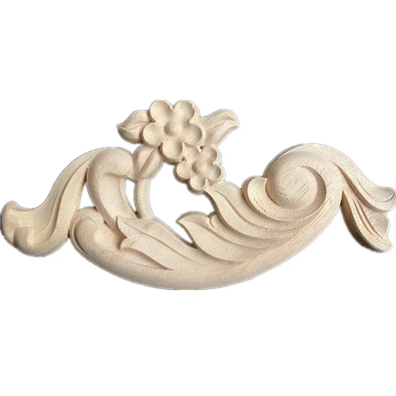 22CM Woodcarving Corner Decal Appliques Unpainted Wood Carved Flower Onlay Applique Home Furniture Door Decor Crafts