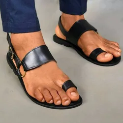 Men's Sandals Vintage Toe Ring PU Leather Male Flats Shoes Comfortable Travel Beach Slippers 2022 Summer Roman Big Size 38-48