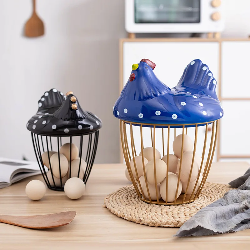 Creative Egg Organizer Storage Basket Ceramic Iron Decorative Fruit Egg Basket with Chicken Design Decorative Kitchen Egg Holder