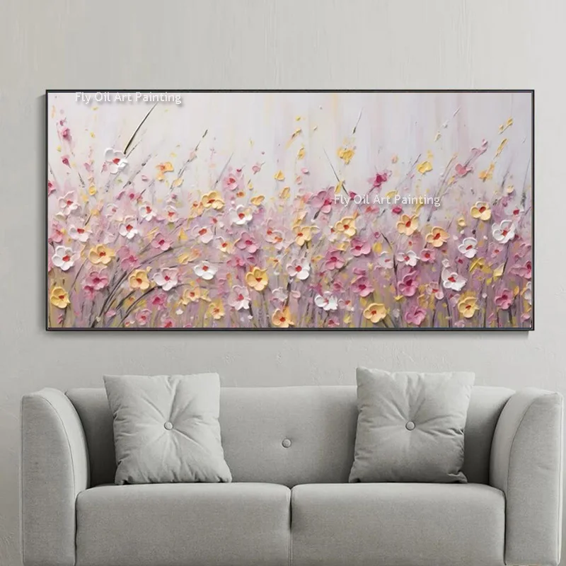 Pink White Flower Field Landscape Oil Painting On Canvas Hand Painted Abstract Florals Room Decor Items Large Simple Artwork