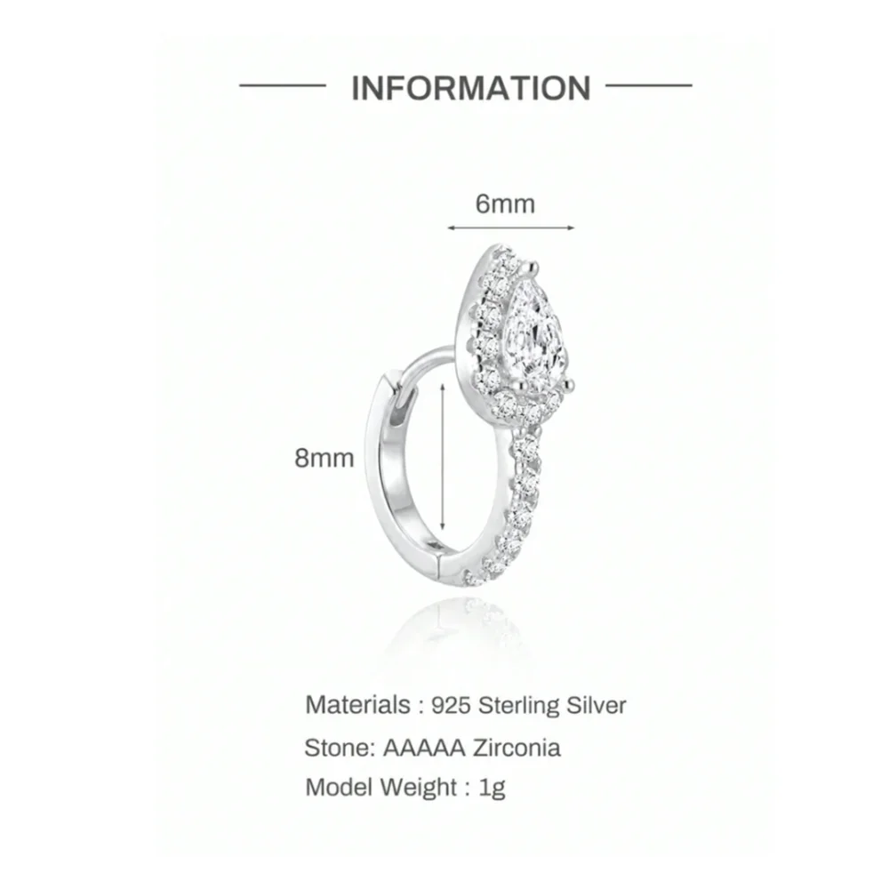 Aide 1PC 925 Sterling Silver Water Droplet CZ Rook Conch Hoop Earring Upper Ear Cartilage Helix Studs For Women Daily Wear Party