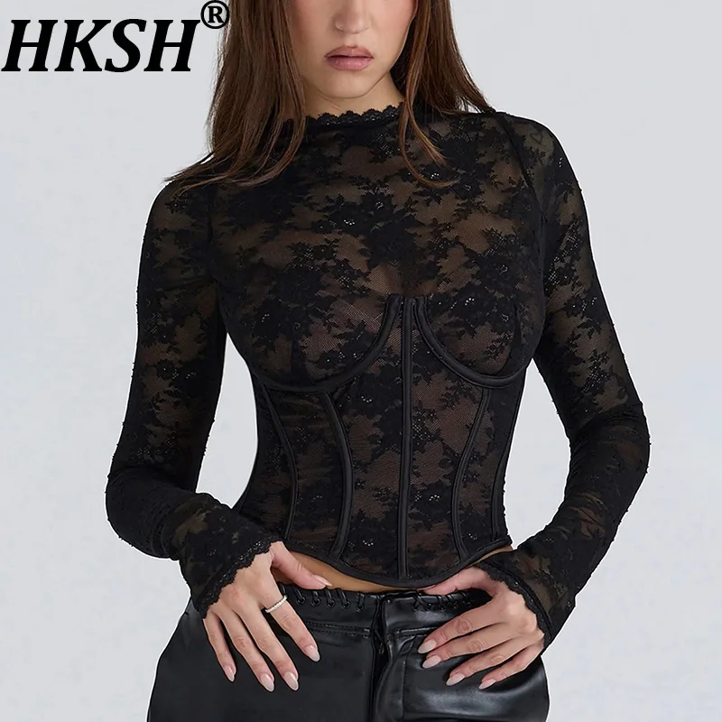 

Женская сексуальная футболка HKSH с круглым вырезом, длинными рукавами, кружевными вставками, утягивающая талию, облегающая, модная, высококачественная, новая коллекция Весна-Лето HK19943