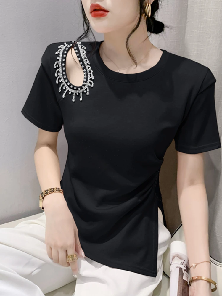 2023 Summer New Slim Fit Heavy Work Nail Beads Off Shoulder Short Sleeve Top Women's T-shirt