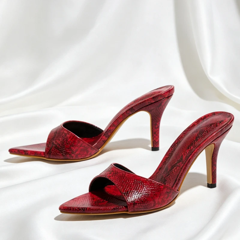 Novelty Snakeskin Texture Detail Thin Heel Slippers Women Sexy Pointed Toe Open Toe Sandals Summer Street Style Shoes for Ladies
