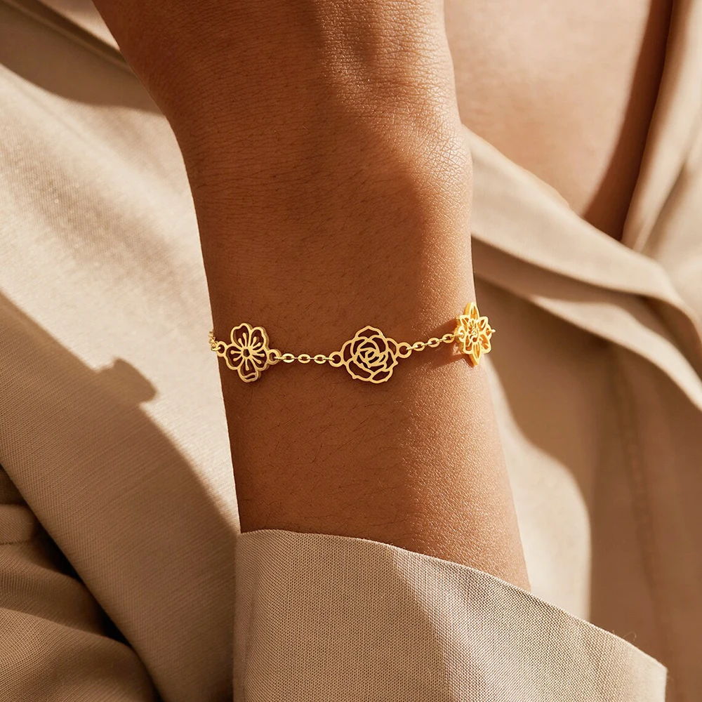 Personalized 12-Month Flower Bracelet, Stainless Steel Waterproof Flower Combination Romantic Couple Bracelet, Christmas Gift