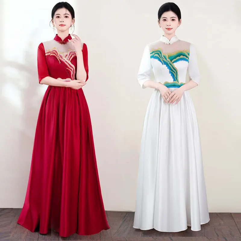 Red Song Choir Performance Costume Women's Long Dress Temperament Graduation Competition Stage