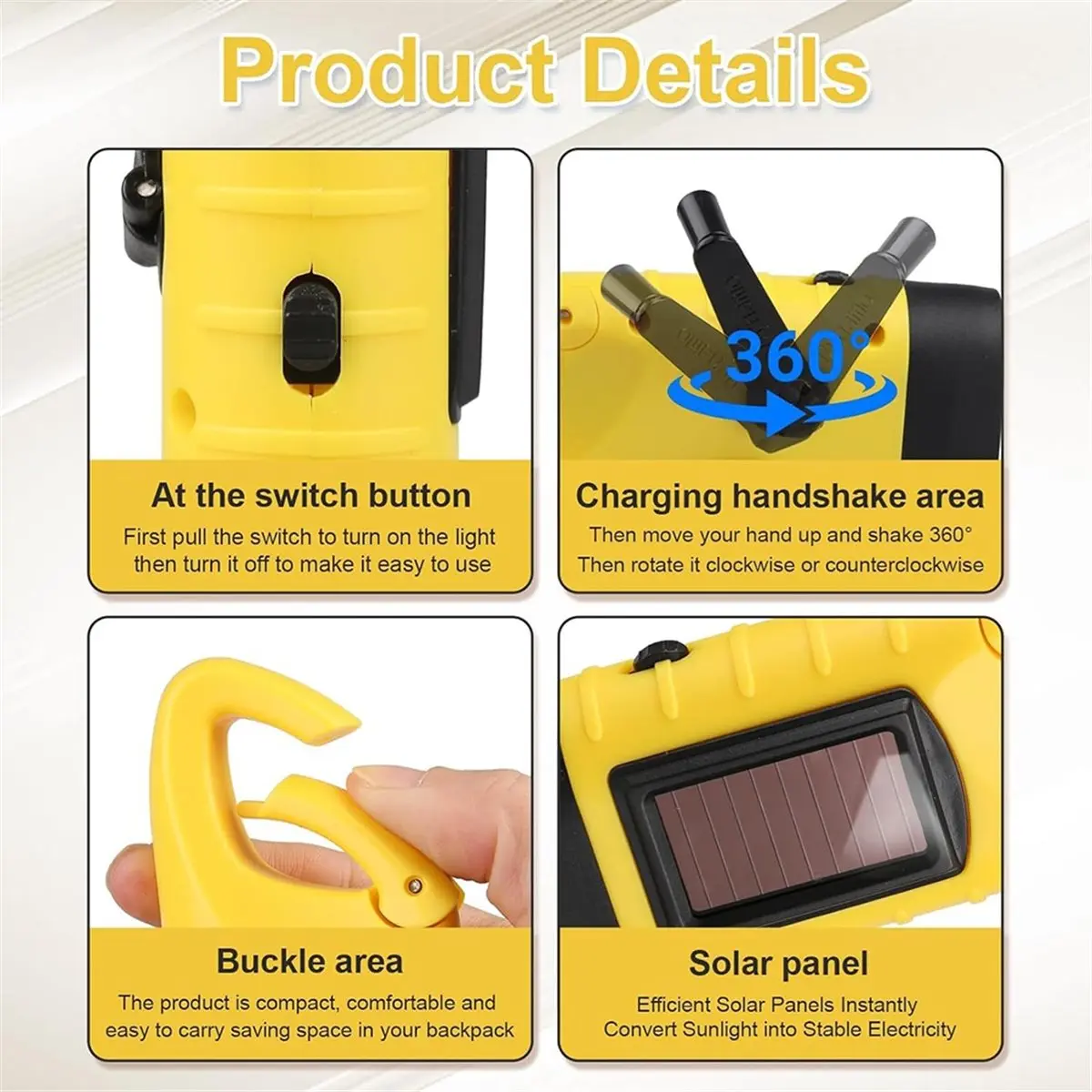 【TODAY-BUY】~@ Wind Up Torch, Super Bright LED, Hand Crank & Solar Powered Flashlight with Hook for Outdoor