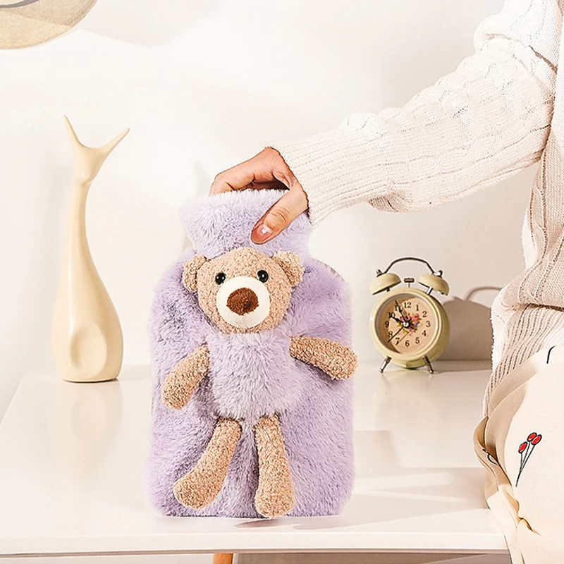 1000ml PVC Hot Water Bottle with Cute Bear Plush Cover Lovely Cartoon Hot Water Bag Portable Winter Hand Foot Abdomen Warmer