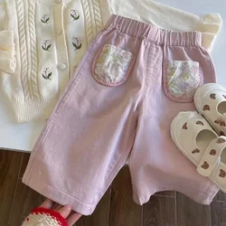 Girls Flower Pocket Pants Children's Clothing Pink Pants Spring Stylish Versatile Straight Leg Baby Kids Casual Trousers