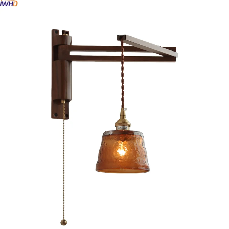 

IWHD Wooden Bedside LED Wall Lamp Vintage Brass Socket Amber Glass Left Right Rotate Home Design Balcony Stair Light Arandela