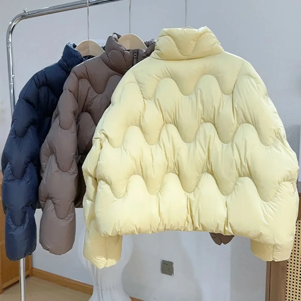 Chaqueta de plumón ligera para mujer, chaqueta acolchada corta holgada y esponjosa con cuello levantado, patrón de onda de otoño, abrigo cálido de plumón de pato blanco para invierno