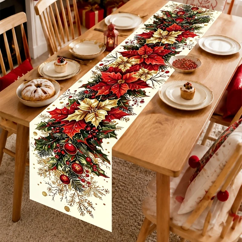 1pc Christmas Tablecover - Vintage Poinsettia & Holly Berry Prints, Polyester Tablecloth, Farmhouse Decor Cabinet Flag, Christma