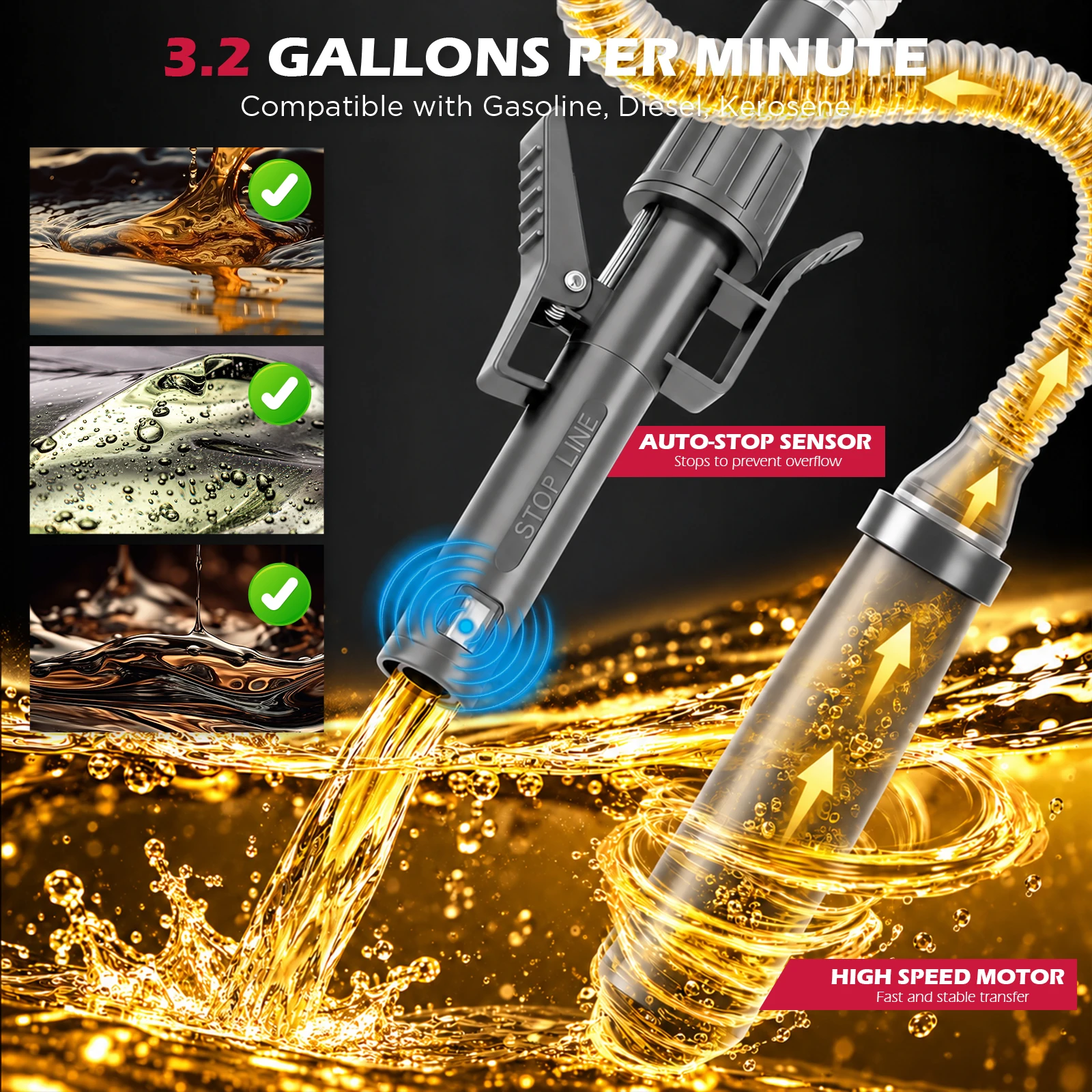 SEDY Automatic Fuel Transfer Pump with Auto-Stop Sensor(3.2 GPM), Battery Operated Gas Can Pump with 3 Can Adapters