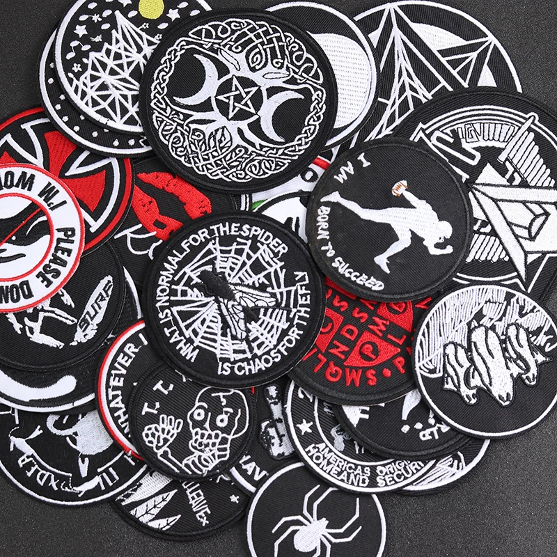 Punk Style Black Circle Iron-On Patches Clothe Embroidery Applique Sewing Supplies Decorative Handmade Badges ROCK MUSIC