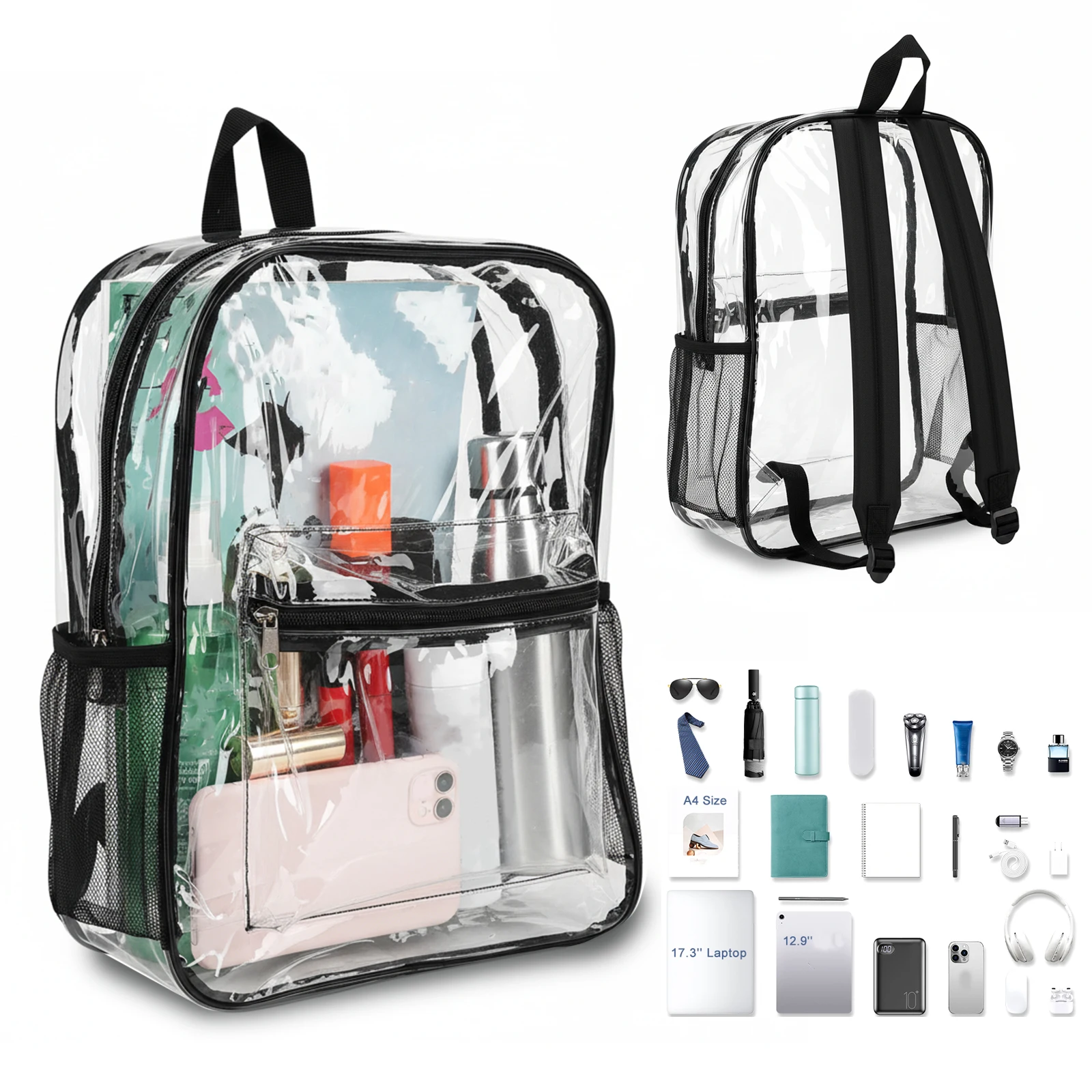 

50 Pack PVC Through Bags with Pockets 15 Inch Transparent Backpack for College Travel Sport Work Stadium Approved