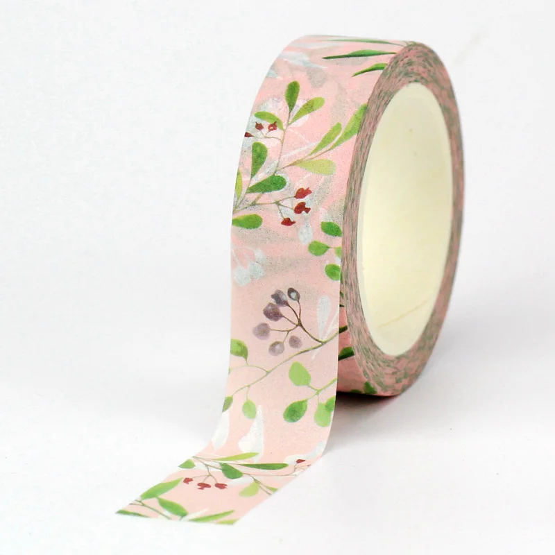 NEW 1PC 10M Decorative Green Leaves on Pink Washi Tapes for Planner Adhesive Masking Tape Cute Stationery