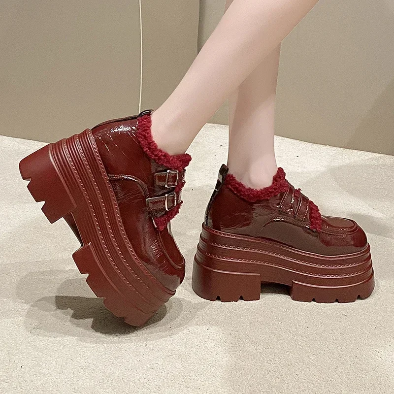 Women's Leather Platform Sneakers Autumn Winter Warm Plush Buckle Snow Shoes Thick Sole 10CM Heels Cotton Shoes Zapatos Mujer