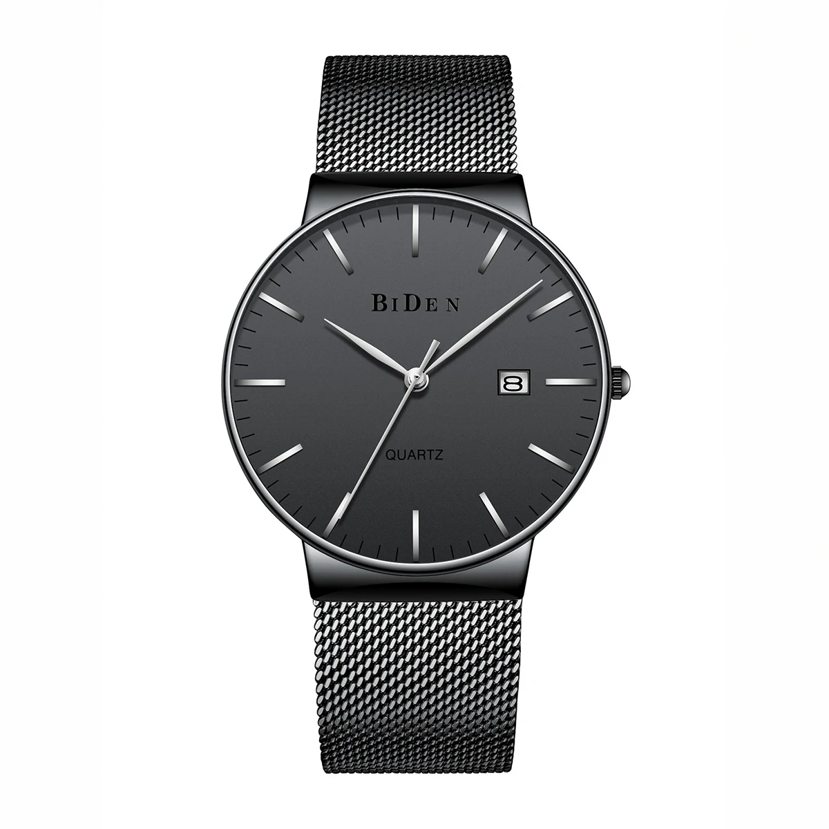 BIDEN high-end lightweight business style men's quartz stone watch stainless steel mesh belt calendar waterproof leisure