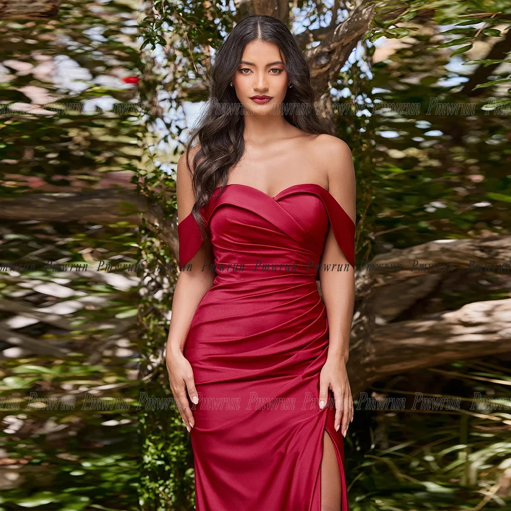 Burgundy Prom Dresses For Woman 2024 Side Slit Off Shoulder Pleat Sweetheat Floor Length Satin Beach Evening Party Gowns