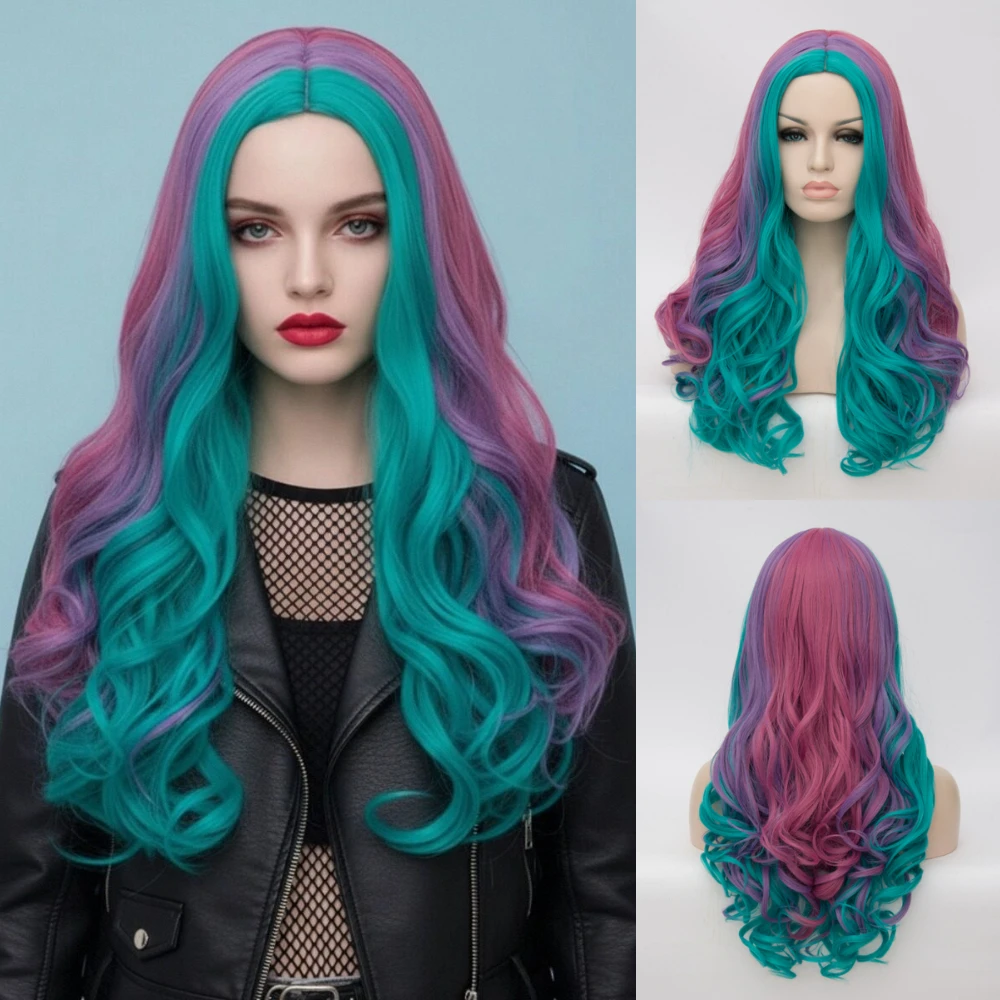 Synthetic Wig Pink Purple Green Mixed Wave Wig with Middle Spilt Part Bangs for Anime Cosplay & Halloween Costumes Fake Hair