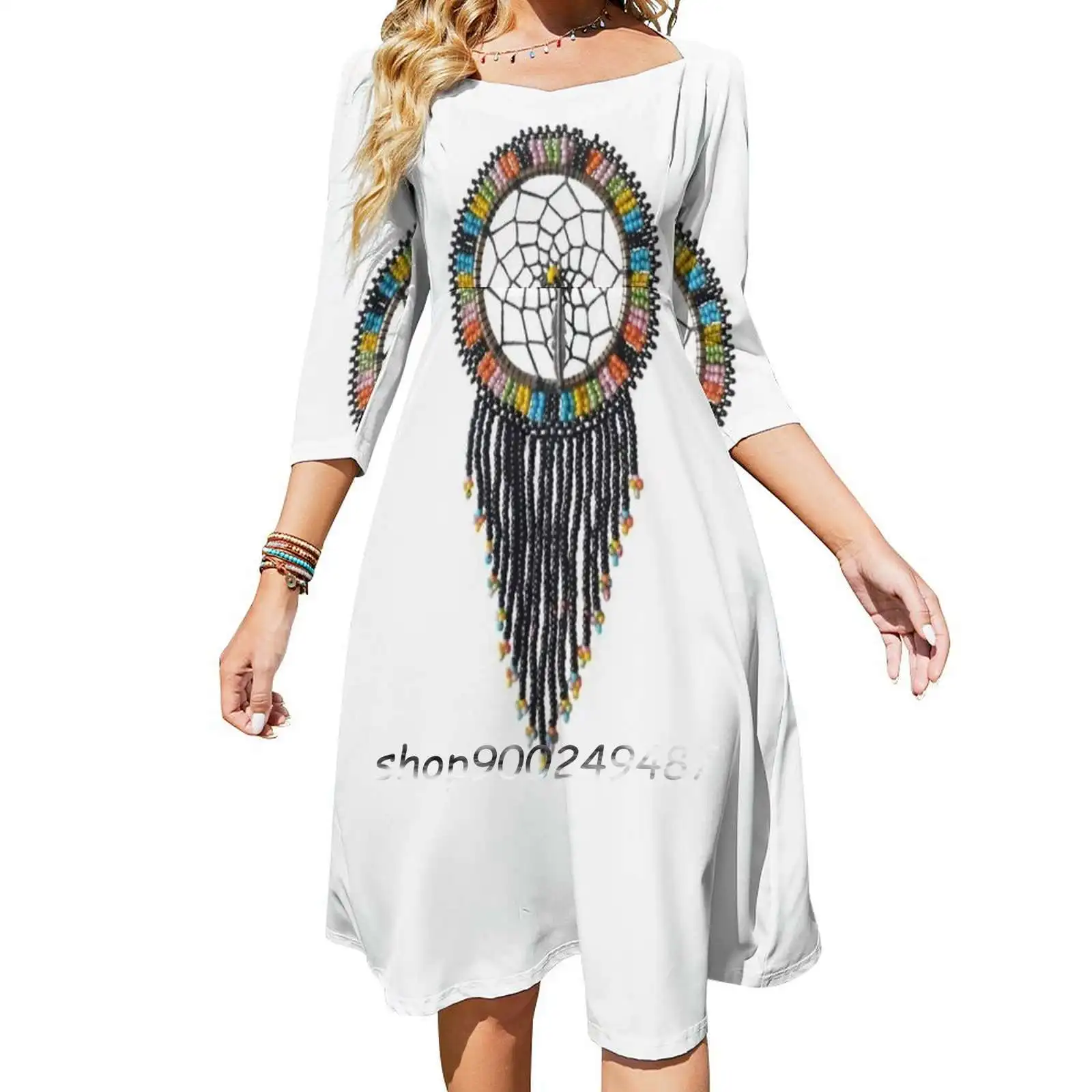 Dreamcatcher Sweetheart Knot Flared Dress Fashion Design Large Size Loose Dress Dreamcatcher Dream Colour Indigenous Native