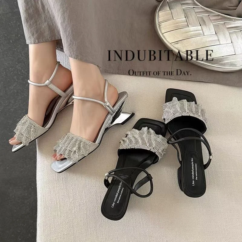 2026 new summer women sandals natural leather 22-25cm microfiber+sheepskin+sequin fabric ankle-strap high heel women shoes