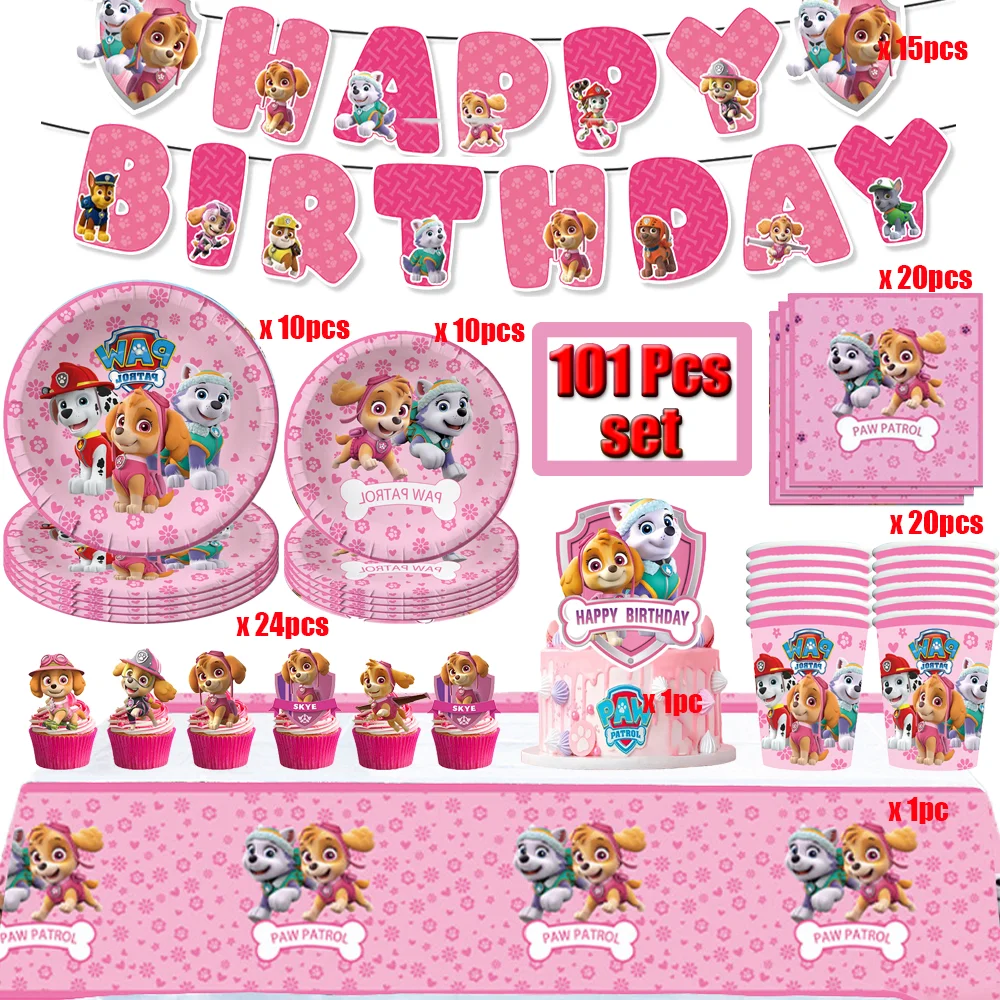 Cartoon Paw Patrol Birthday Party Decoration Paper Tableware Kit Dogs Skye Party Supply Cake Toppers Cups Plates Kids Favors