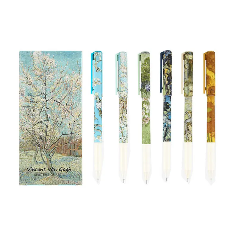 6pcs 1 box Van Gogh/ Monet Student Literature and Art gel pens Signature Pen for Classic World Famous Paintings pens for writing