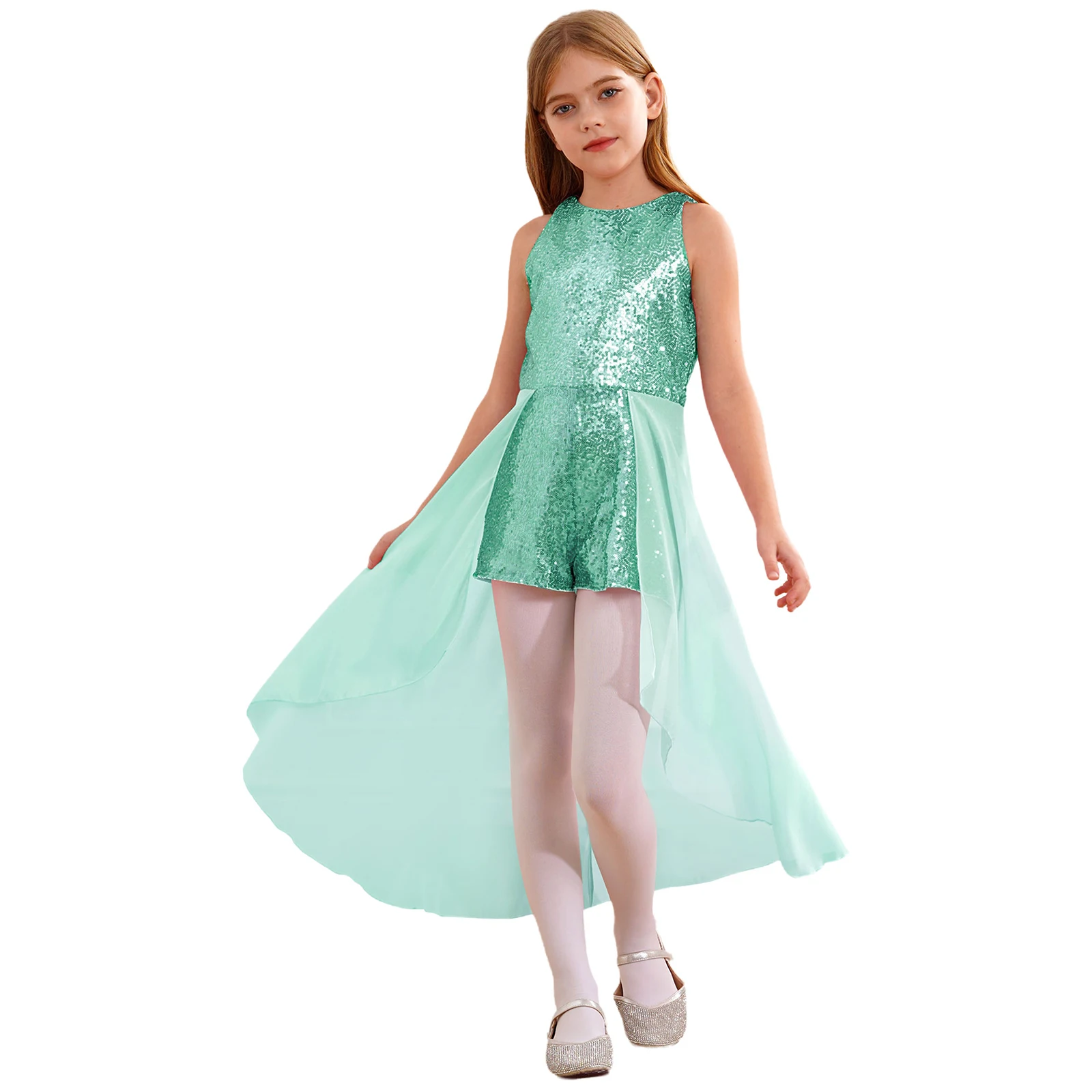 Kids Girls Sparkly Sequin Flower Girl Dresses Romper Party Dress Sleeveless Overlay Chiffon Vestidos Birthday Wedding Costumes