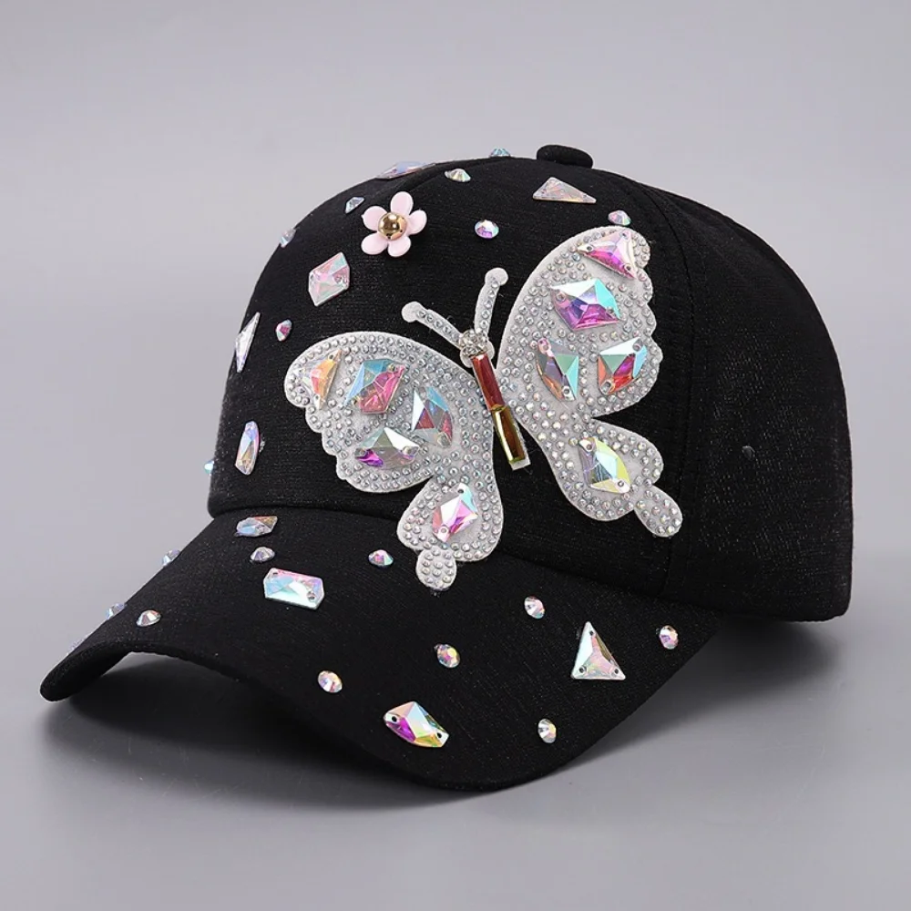 Irregular colored diamond butterfly rhinestone baseball cap - Luxury style daily outfit for casual wear, travel photo-taking