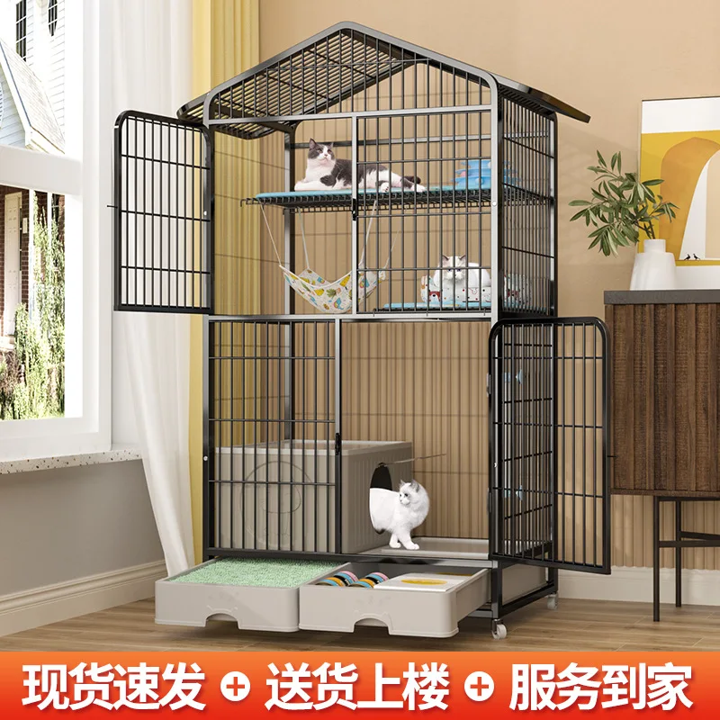 Four-Tier Indoor Cat Cage for Home Use with Large Free Space and Built-in Litter Box for Big Cats