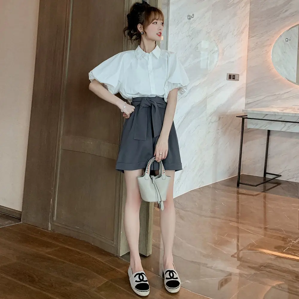 Fashion Age Reducing Small Stature Set Women's Korean Summer New Lantern Sleeve Shirt Wide Leg Shorts Two Piece Set