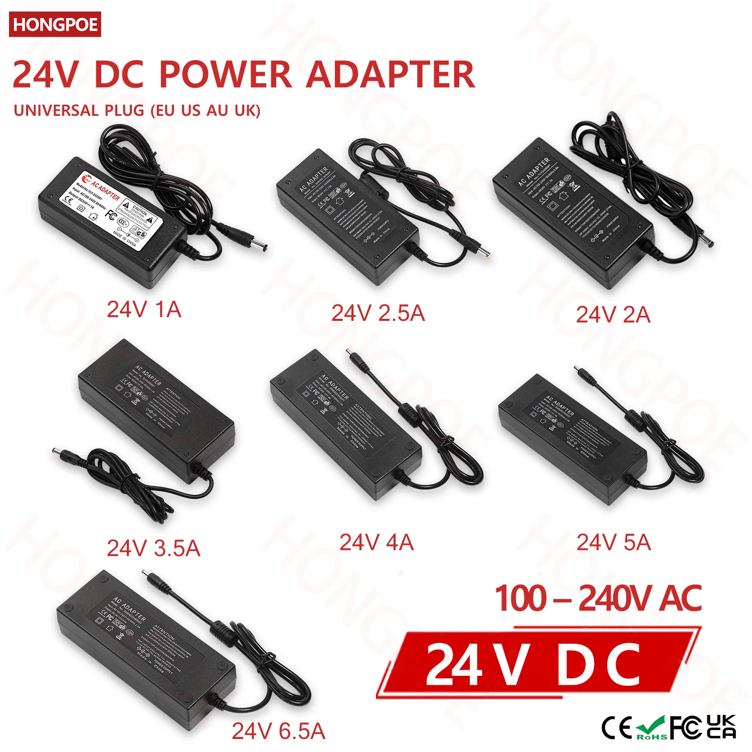 Diy Electronics Uk - 24VDC電源アダプター（1A～6.5A）、入力電圧：100-240VAC。EU/US/AU/UKプラグを選択可能。LED照明、CCTVシステム、DIY電子機器に最適。