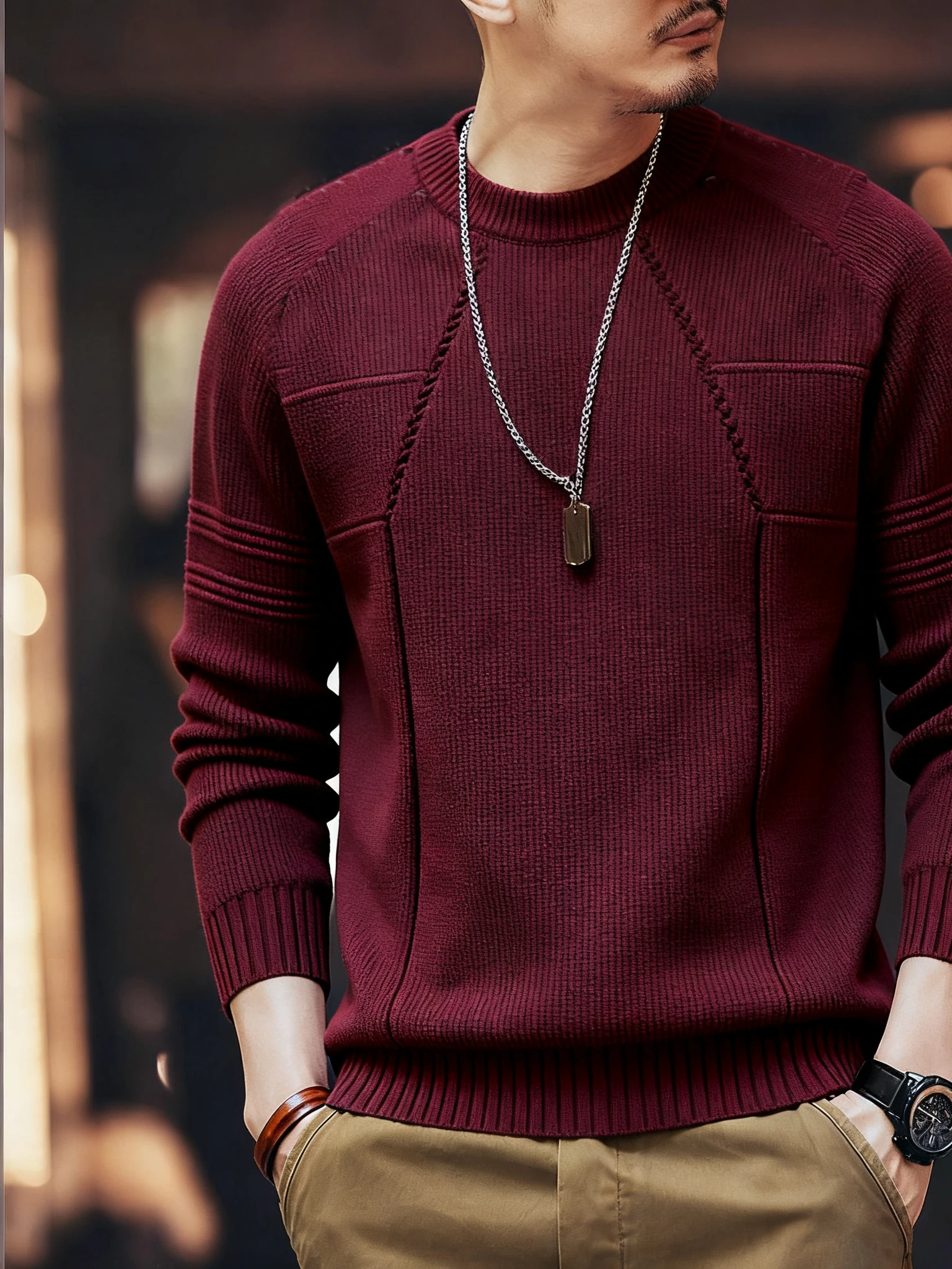 

American Retro Men's Knitted Sweater Autumn Winter New Sle round Ne Overhead Casual Color Versatile Base Layer Top