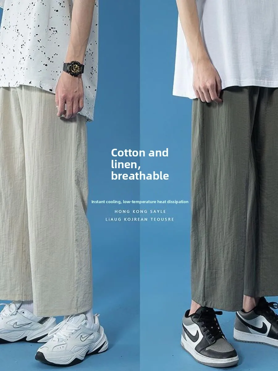 Men's Casual Cotton Linen Pants Breathable  Color Loose Fit Summer Thin Style Nine Points Trendy Linen Wide Leg Casual P...