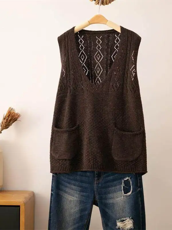 Spring Autumn New Style Women's V-Neck Sleeveless Knitted Vest Loose Korean Version Fashionable Trendy  Color